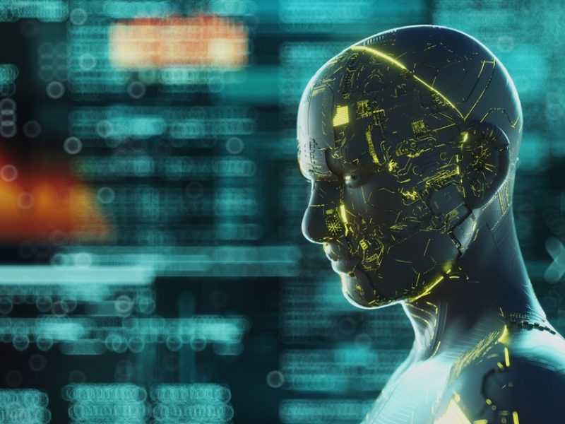 Cyborg,With,Circuit,Lights,And,Data,Information,In,Background,.